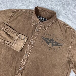 VTG Affliction Shirt Mens XL Brown Jealous Souls Back Graphic Long Sleeve Button